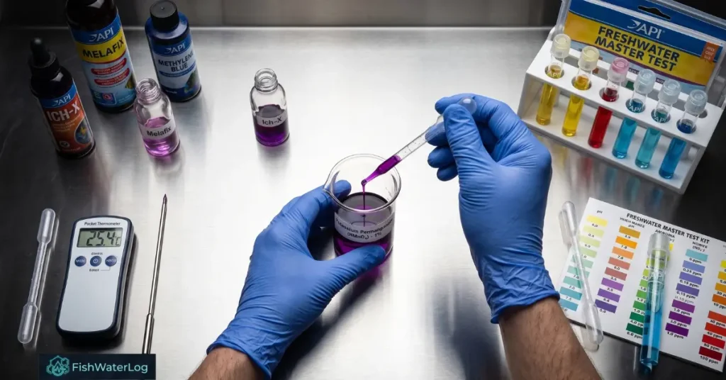 An aquarist wearing blue gloves precisely measuring purple liquid medication with a pipette for a fish quarantine tank, alongside water test kits and thermometers.
