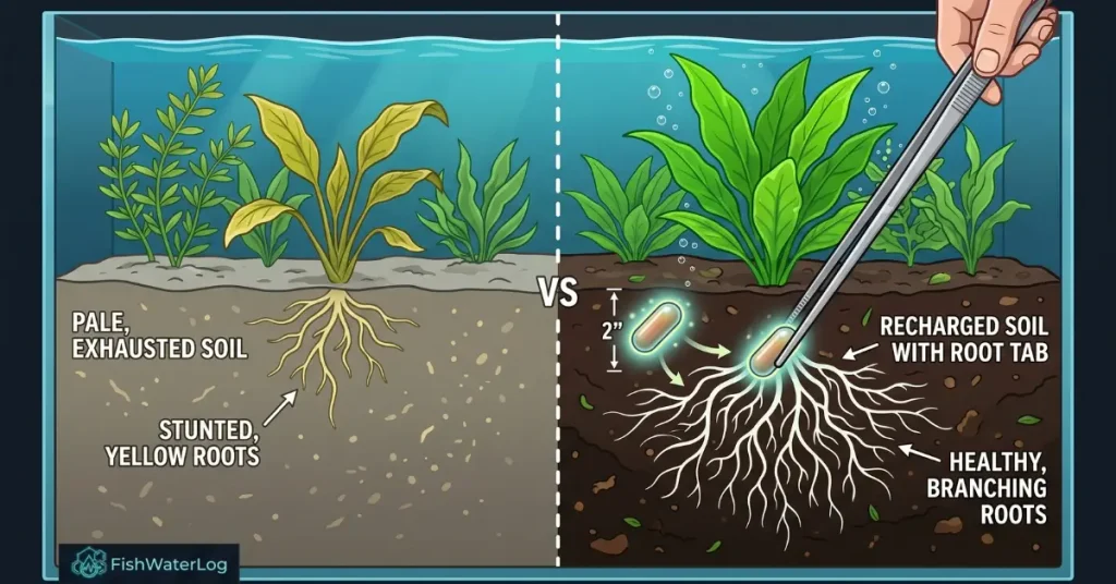 Diagram comparing pale exhausted aquarium soil causing stunted plant roots with recharged soil revitalized by deep root tab insertion to boost plant growth.