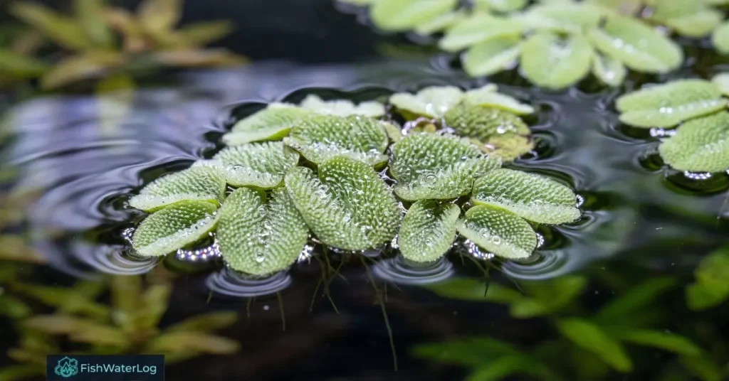 Salvinia minima water spangles showing hydrophobic leaf trichomes and aquarium surface agitation